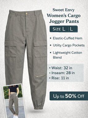 Sweet Envy Women's Cargo Jogger Pants Gray Utility Elastic Hem Size L